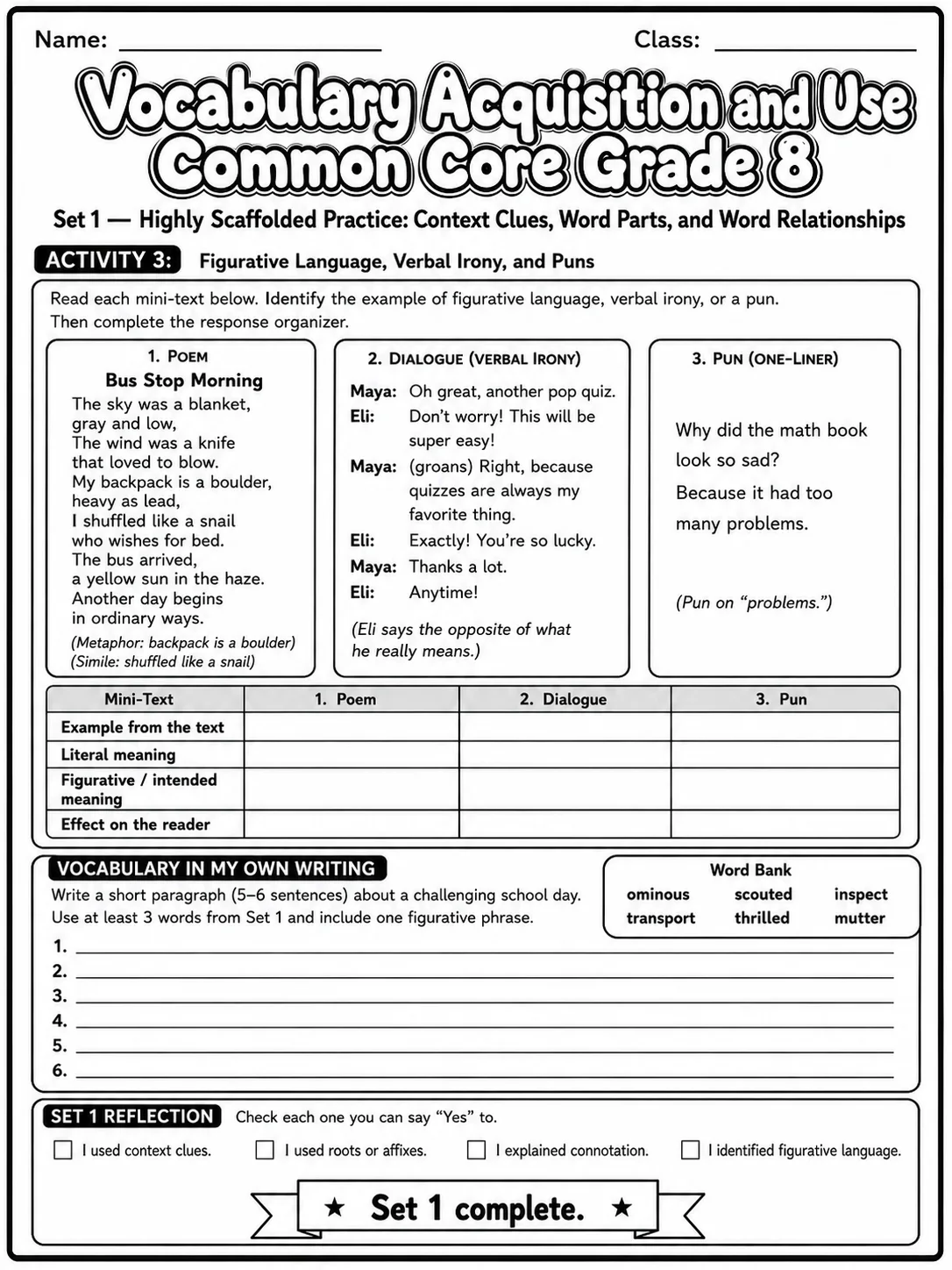 Vocabulary Acquisition and Use Common Core Grade 8 page 3 printable Common Core ELA worksheet preview