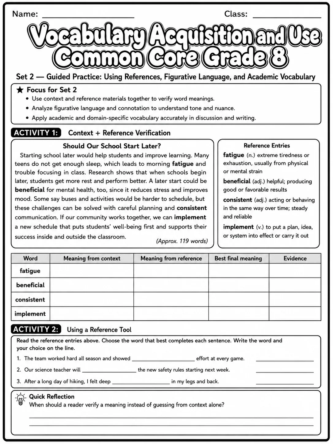 Vocabulary Acquisition and Use Common Core Grade 8 page 4 printable Common Core ELA worksheet preview