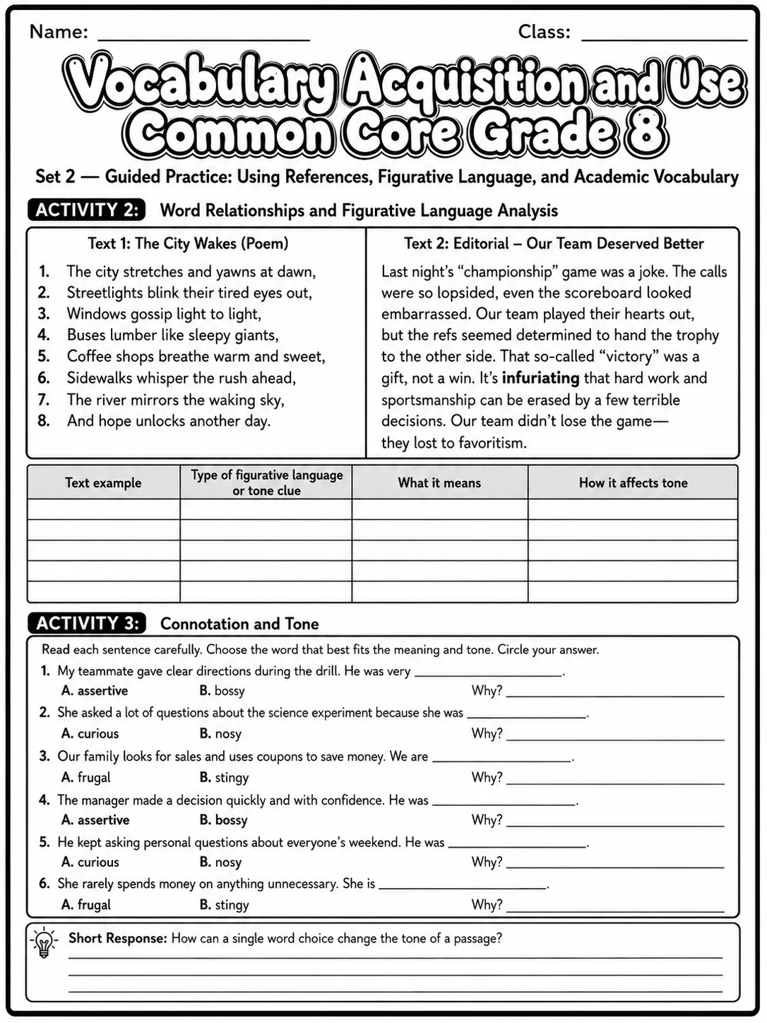 Vocabulary Acquisition and Use Common Core Grade 8 page 5 printable Common Core ELA worksheet preview