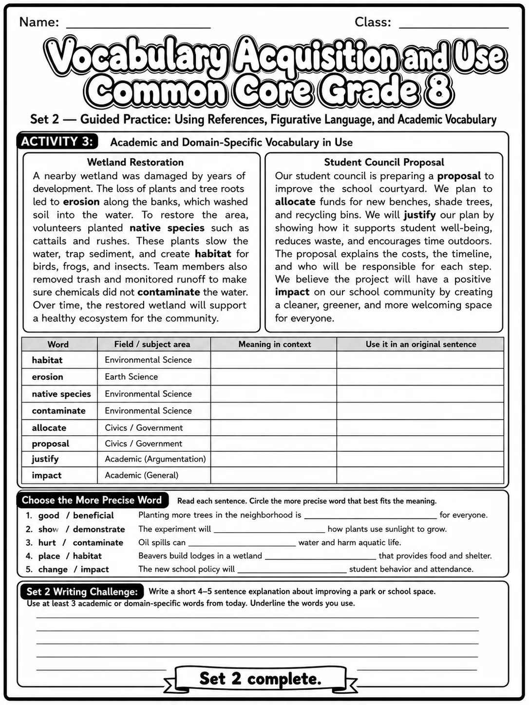 Vocabulary Acquisition and Use Common Core Grade 8 page 6 printable Common Core ELA worksheet preview