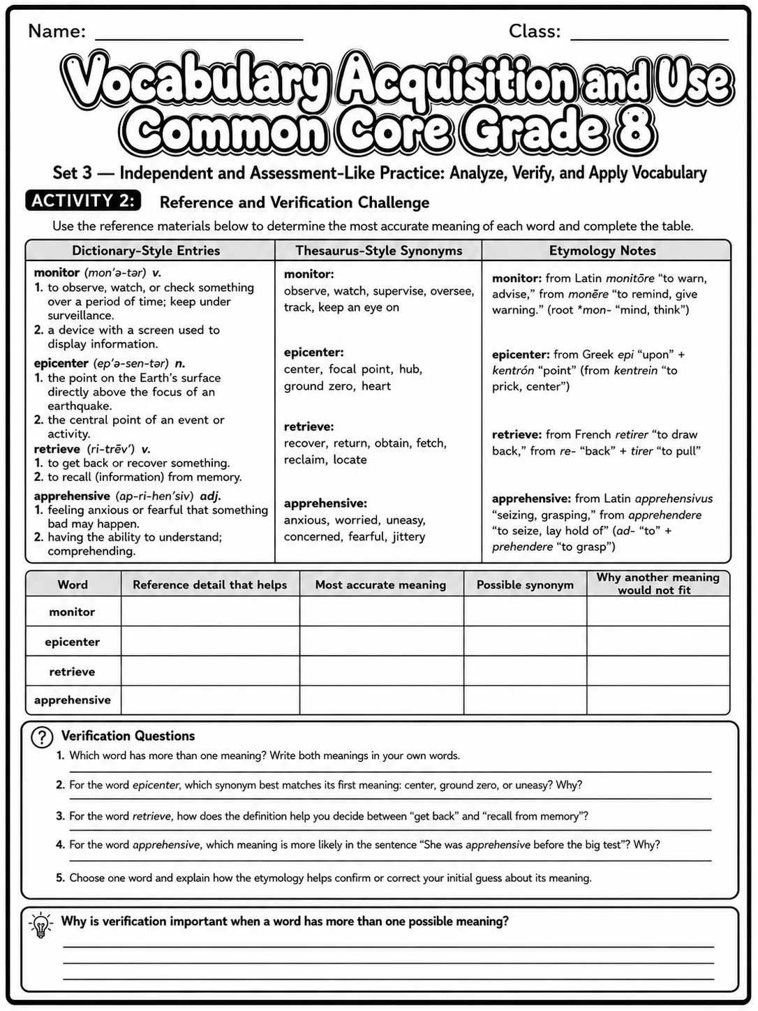 Vocabulary Acquisition and Use Common Core Grade 8 page 8 printable Common Core ELA worksheet preview