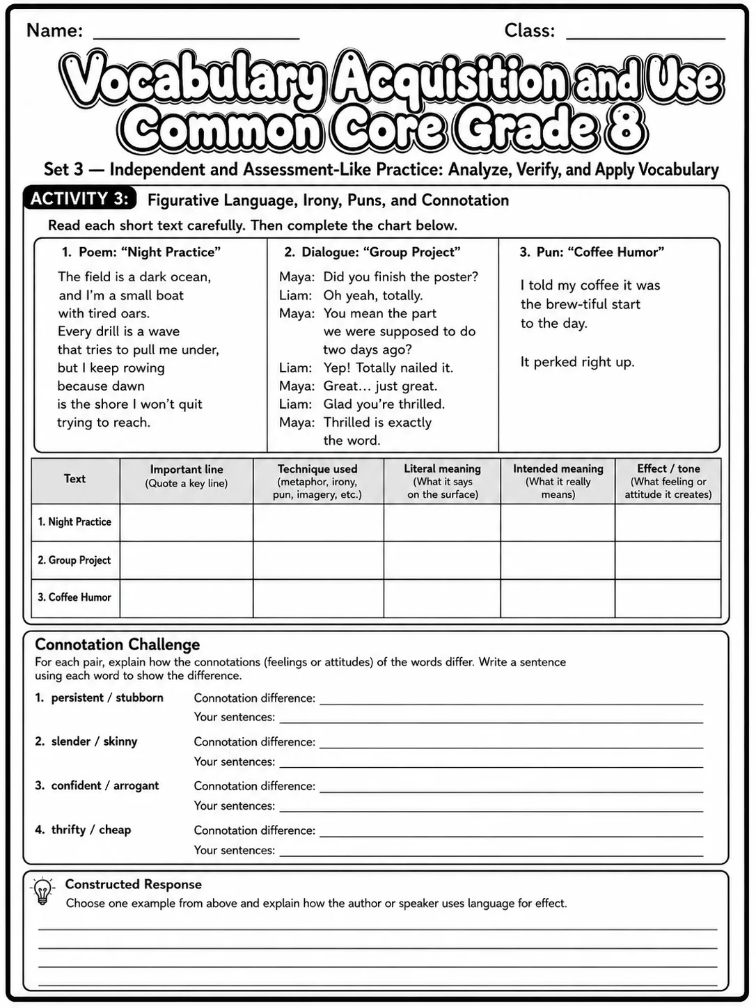 Vocabulary Acquisition and Use Common Core Grade 8 page 9 printable Common Core ELA worksheet preview