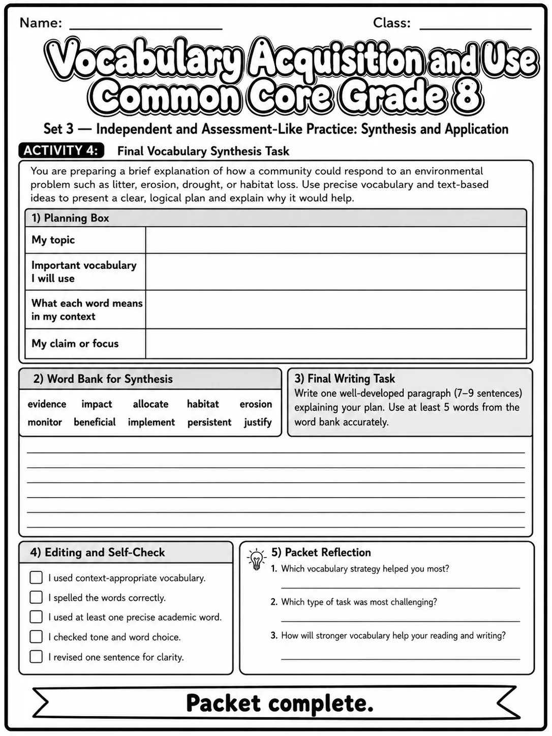 Vocabulary Acquisition and Use Common Core Grade 8 page 10 printable Common Core ELA worksheet preview