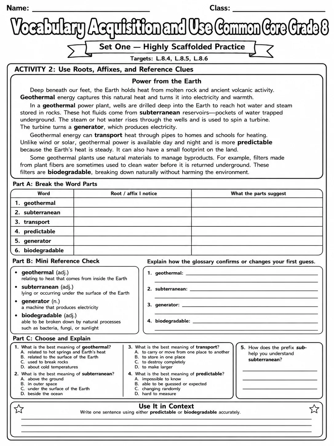 Vocabulary Acquisition and Use Common Core Grade 8 page 2 printable Common Core ELA worksheet preview