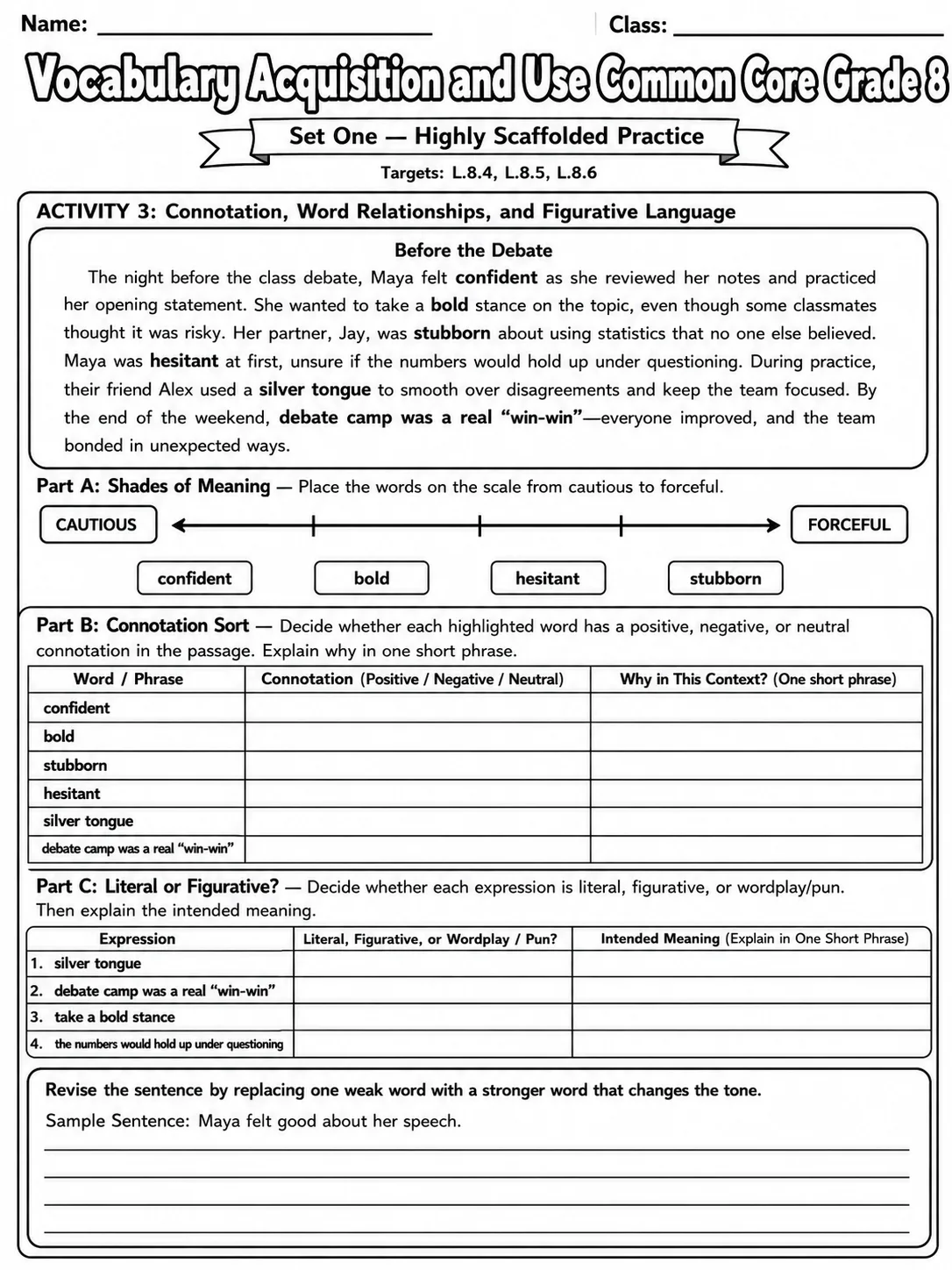Vocabulary Acquisition and Use Common Core Grade 8 page 3 printable Common Core ELA worksheet preview