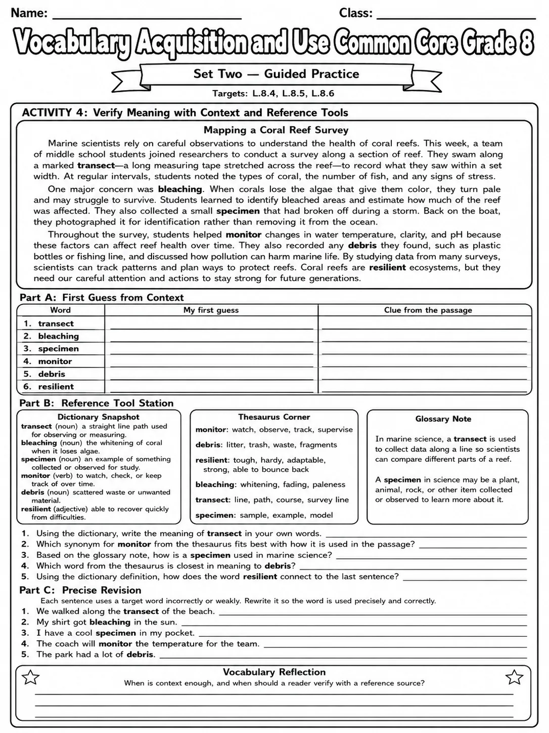 Vocabulary Acquisition and Use Common Core Grade 8 page 4 printable Common Core ELA worksheet preview