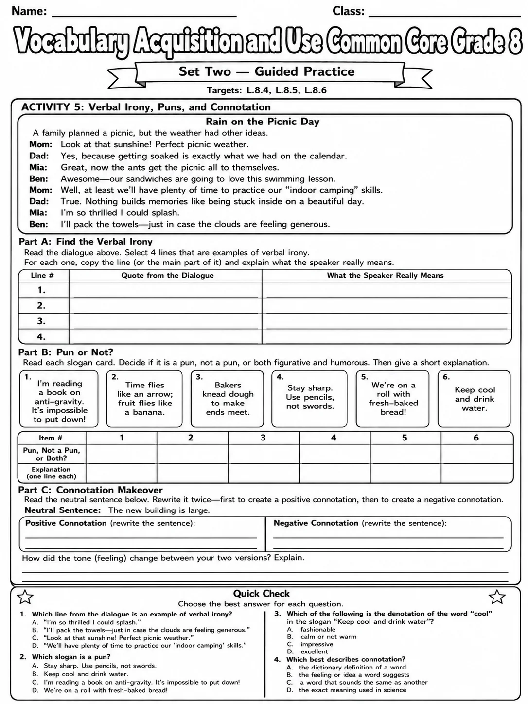 Vocabulary Acquisition and Use Common Core Grade 8 page 5 printable Common Core ELA worksheet preview