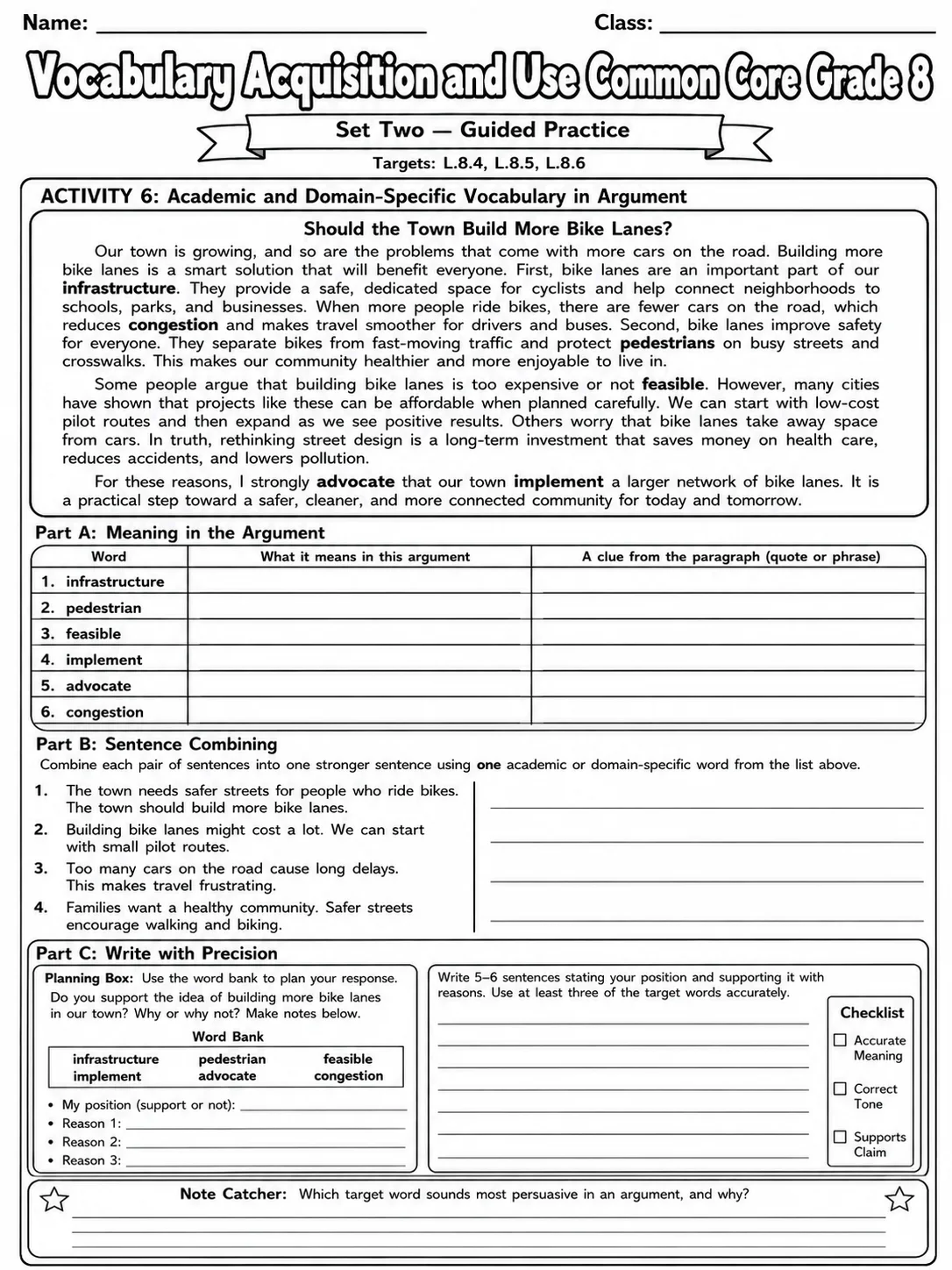 Vocabulary Acquisition and Use Common Core Grade 8 page 6 printable Common Core ELA worksheet preview