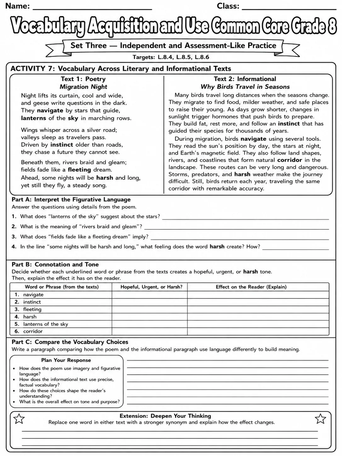 Vocabulary Acquisition and Use Common Core Grade 8 page 7 printable Common Core ELA worksheet preview