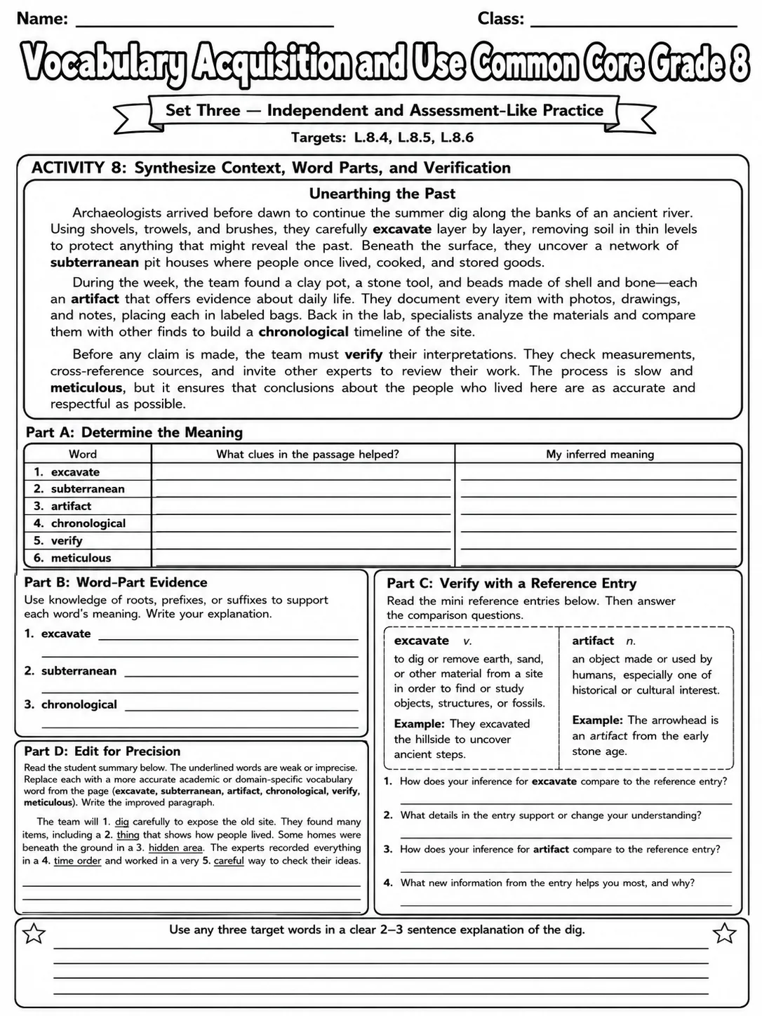Vocabulary Acquisition and Use Common Core Grade 8 page 8 printable Common Core ELA worksheet preview