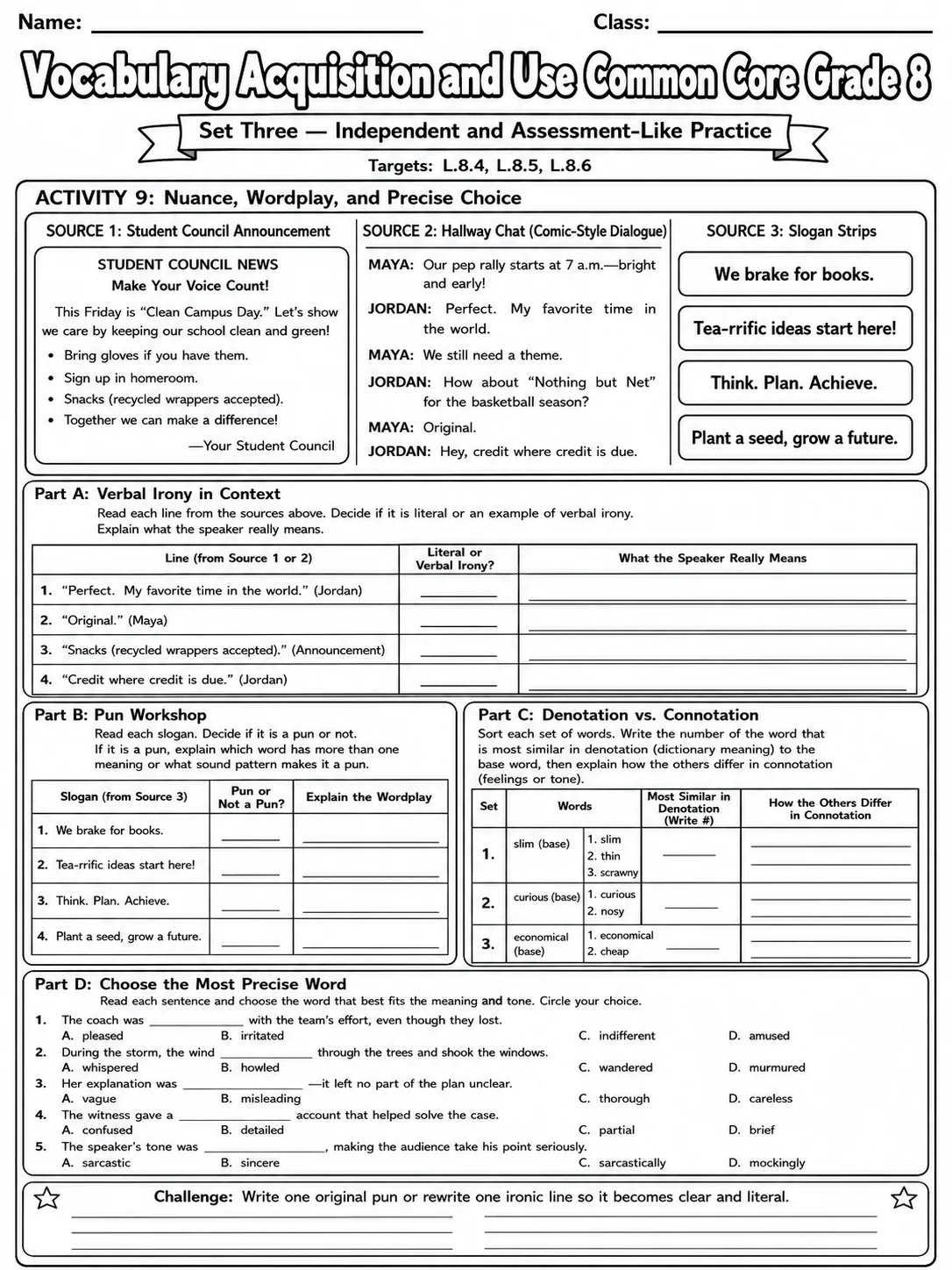 Vocabulary Acquisition and Use Common Core Grade 8 page 9 printable Common Core ELA worksheet preview