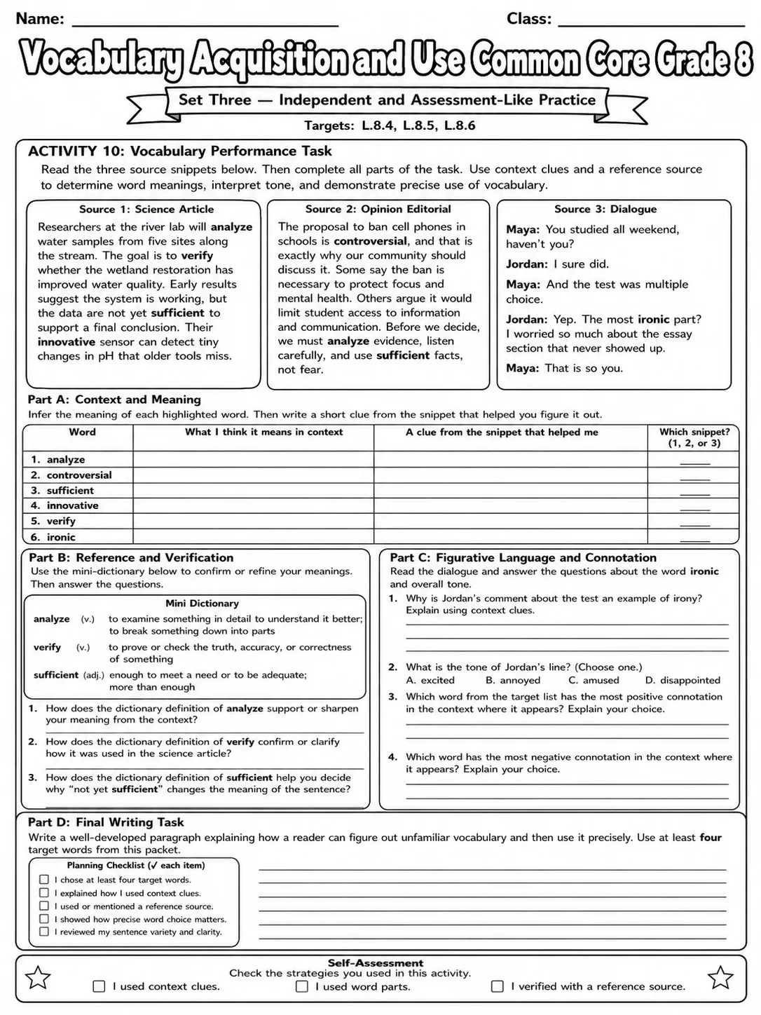 Vocabulary Acquisition and Use Common Core Grade 8 page 10 printable Common Core ELA worksheet preview