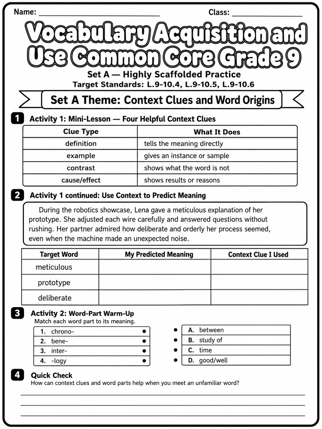 Vocabulary Acquisition and Use Common Core Grade 9 printable Common Core ELA Grade 9 worksheet preview from KiwiBee