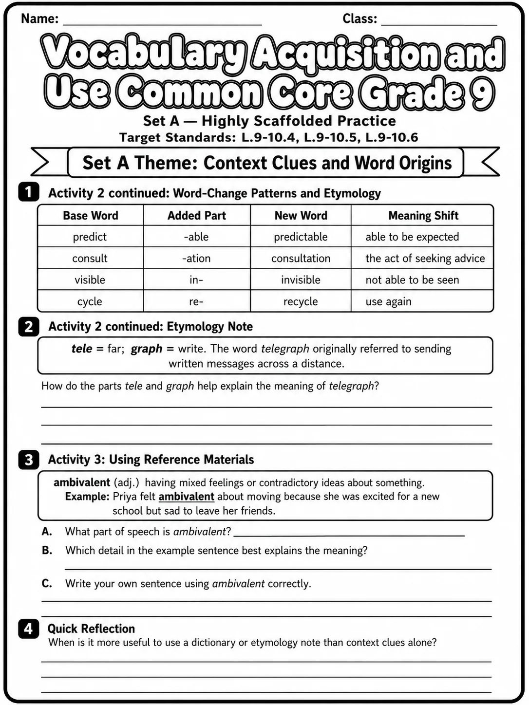 Vocabulary Acquisition and Use Common Core Grade 9 page 2 printable Common Core ELA worksheet preview