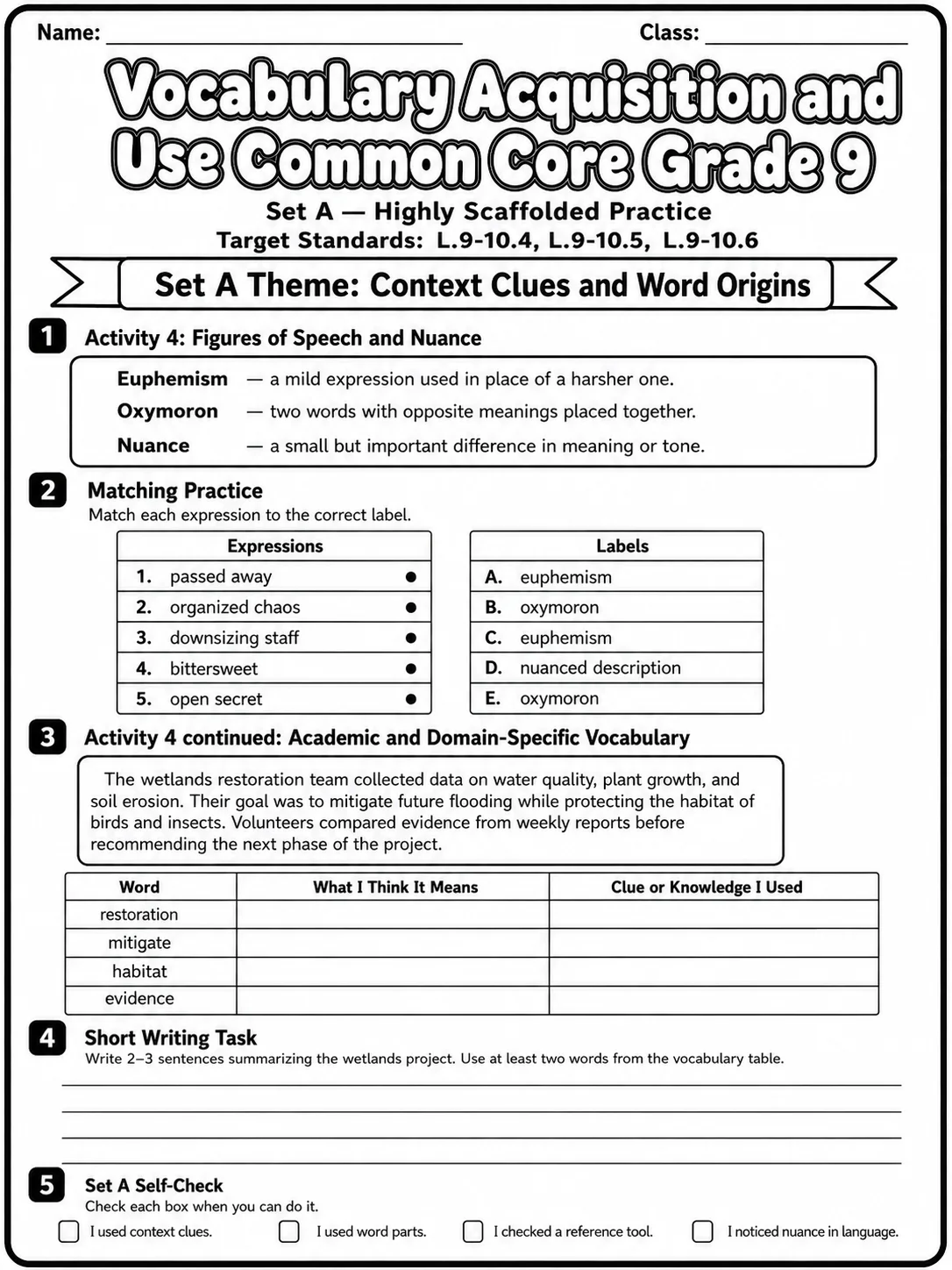 Vocabulary Acquisition and Use Common Core Grade 9 page 3 printable Common Core ELA worksheet preview