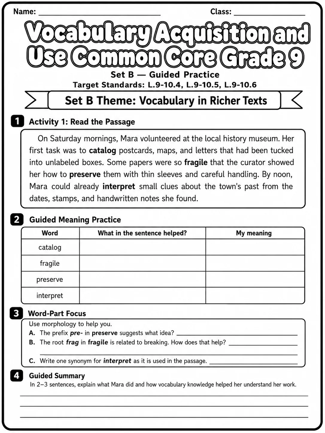 Vocabulary Acquisition and Use Common Core Grade 9 page 4 printable Common Core ELA worksheet preview