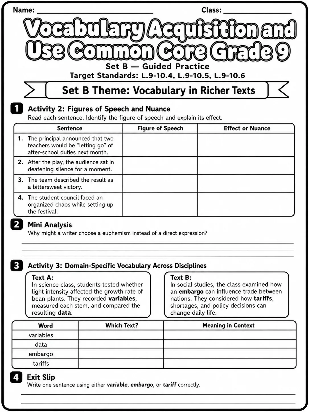 Vocabulary Acquisition and Use Common Core Grade 9 page 5 printable Common Core ELA worksheet preview