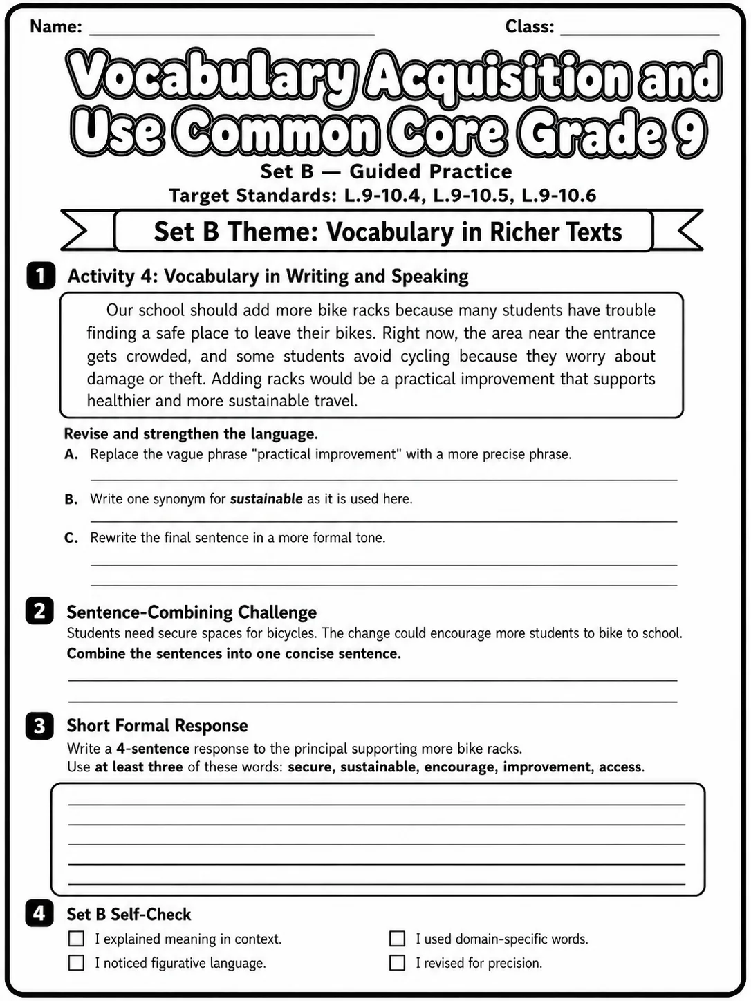 Vocabulary Acquisition and Use Common Core Grade 9 page 6 printable Common Core ELA worksheet preview
