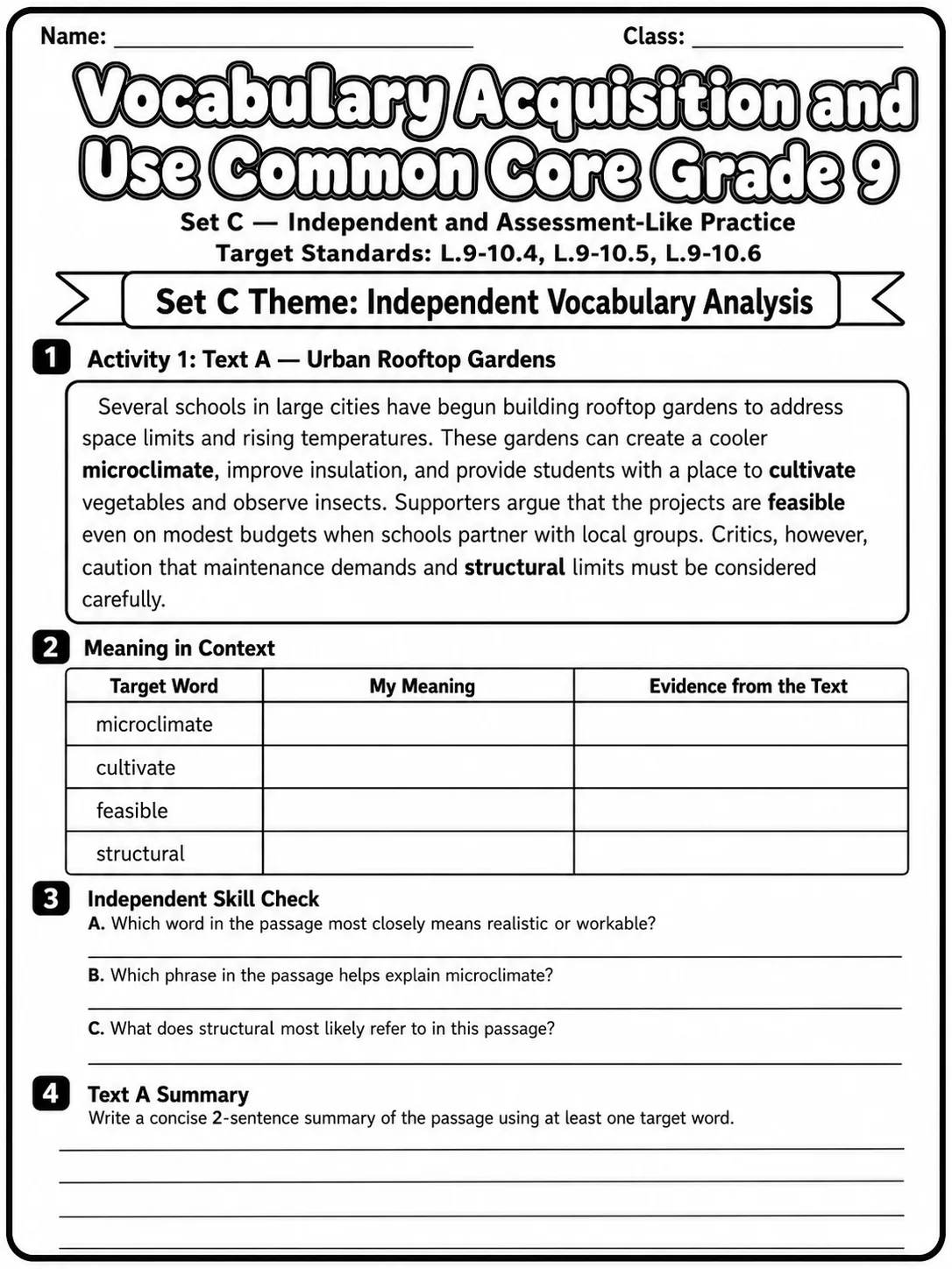 Vocabulary Acquisition and Use Common Core Grade 9 page 7 printable Common Core ELA worksheet preview