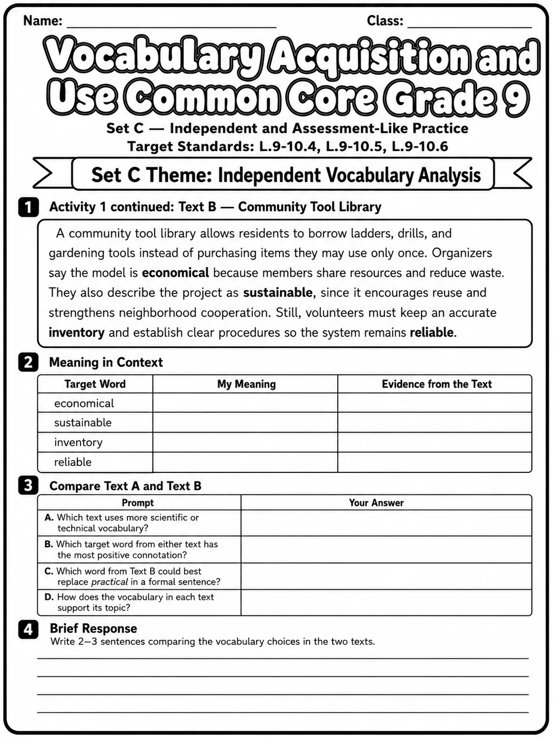 Vocabulary Acquisition and Use Common Core Grade 9 page 8 printable Common Core ELA worksheet preview