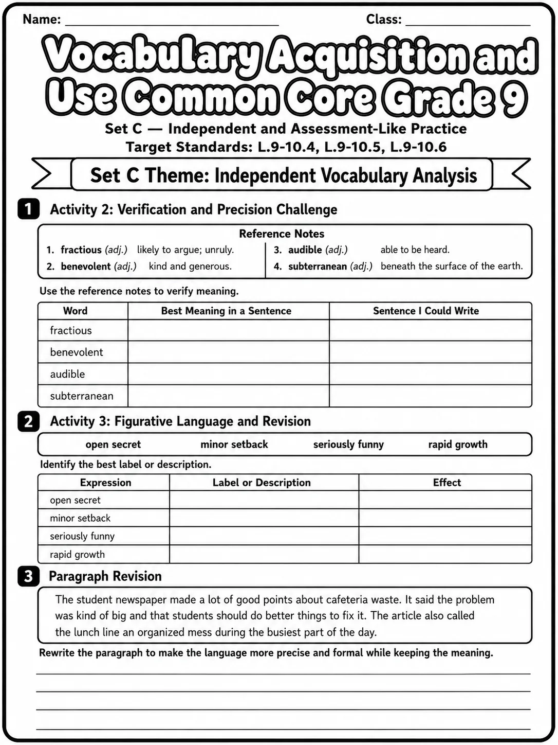 Vocabulary Acquisition and Use Common Core Grade 9 page 9 printable Common Core ELA worksheet preview