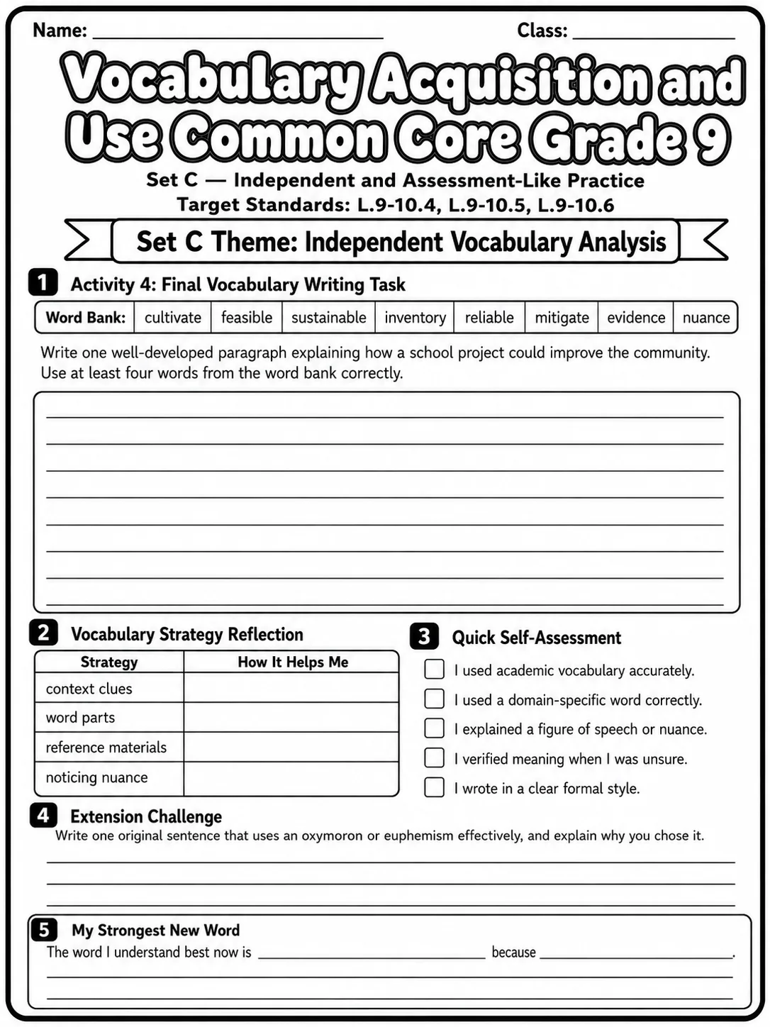 Vocabulary Acquisition and Use Common Core Grade 9 page 10 printable Common Core ELA worksheet preview
