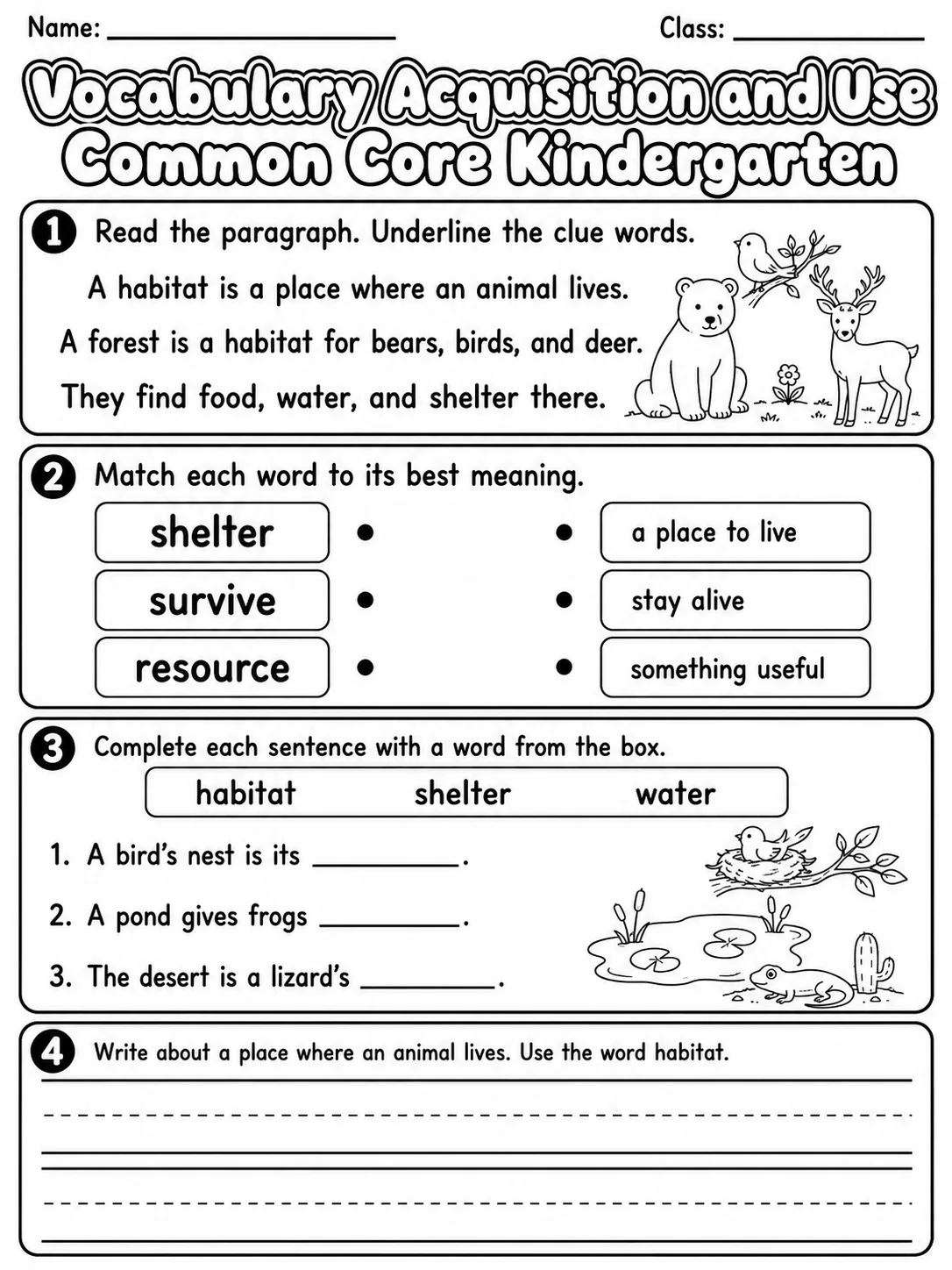Vocabulary Acquisition and Use Common Core Kindergarten page 2 printable Common Core ELA worksheet preview