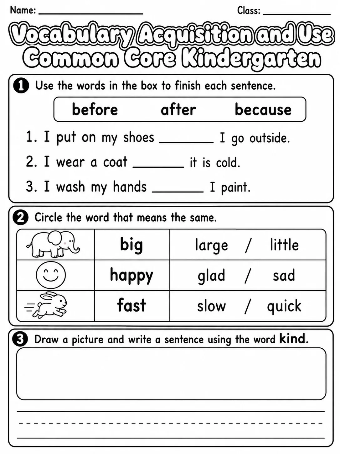 Vocabulary Acquisition and Use Common Core Kindergarten page 3 printable Common Core ELA worksheet preview