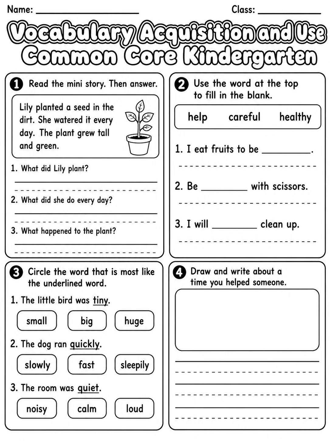 Vocabulary Acquisition and Use Common Core Kindergarten page 4 printable Common Core ELA worksheet preview