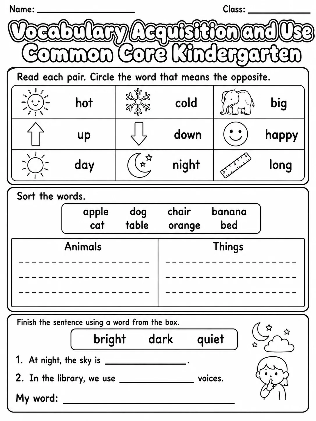Vocabulary Acquisition and Use Common Core Kindergarten page 5 printable Common Core ELA worksheet preview