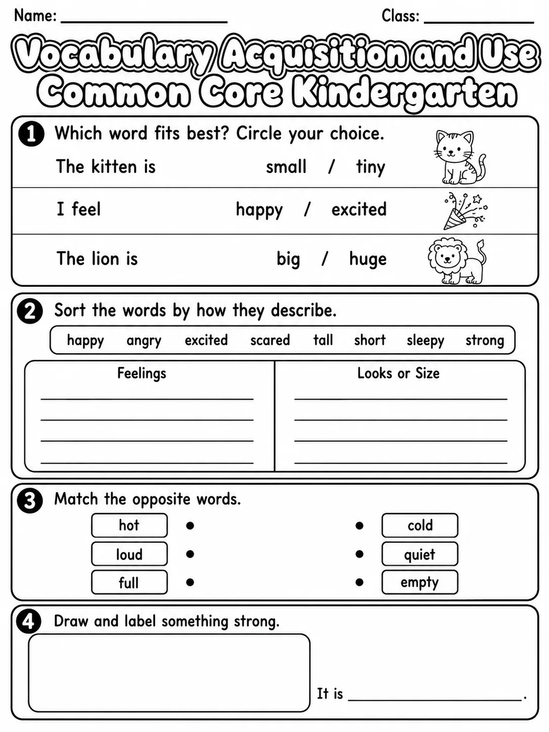 Vocabulary Acquisition and Use Common Core Kindergarten page 8 printable Common Core ELA worksheet preview