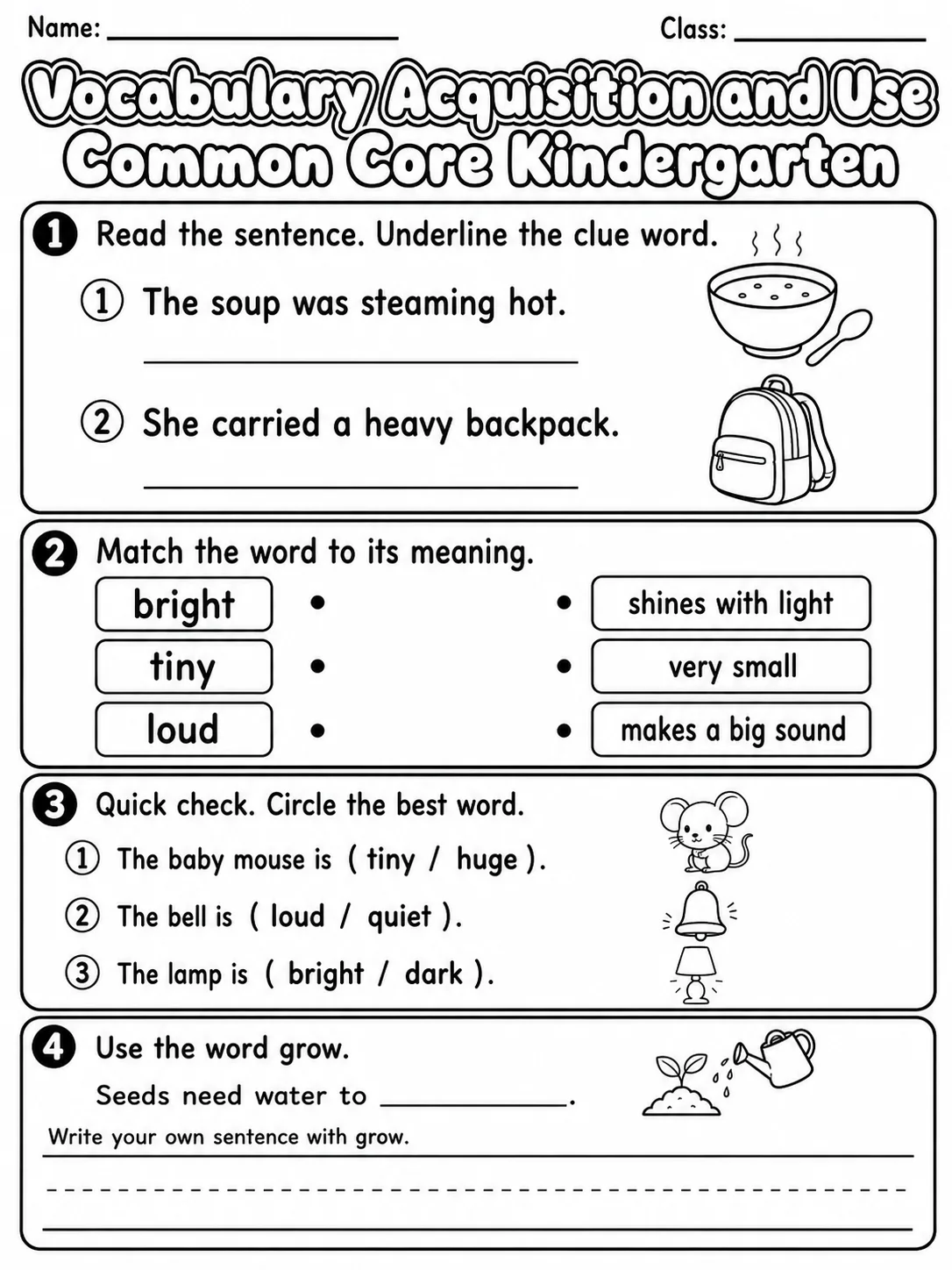 Vocabulary Acquisition and Use Common Core Kindergarten page 9 printable Common Core ELA worksheet preview