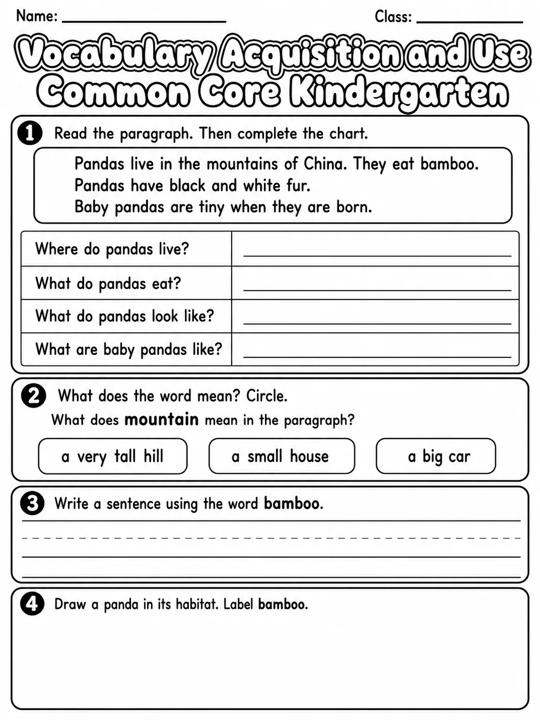 Vocabulary Acquisition and Use Common Core Kindergarten page 10 printable Common Core ELA worksheet preview