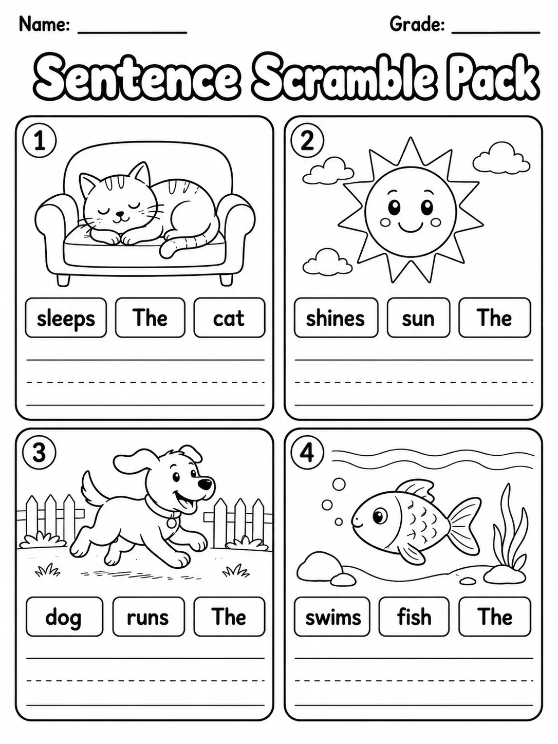 Sentence Scramble Pack easy phonics worksheet preview from KiwiBee