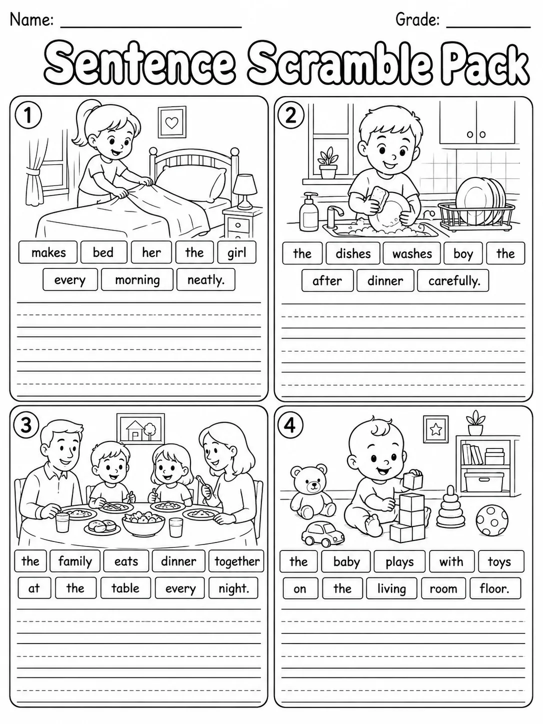 Sentence Scramble Pack hard phonics worksheet preview from KiwiBee