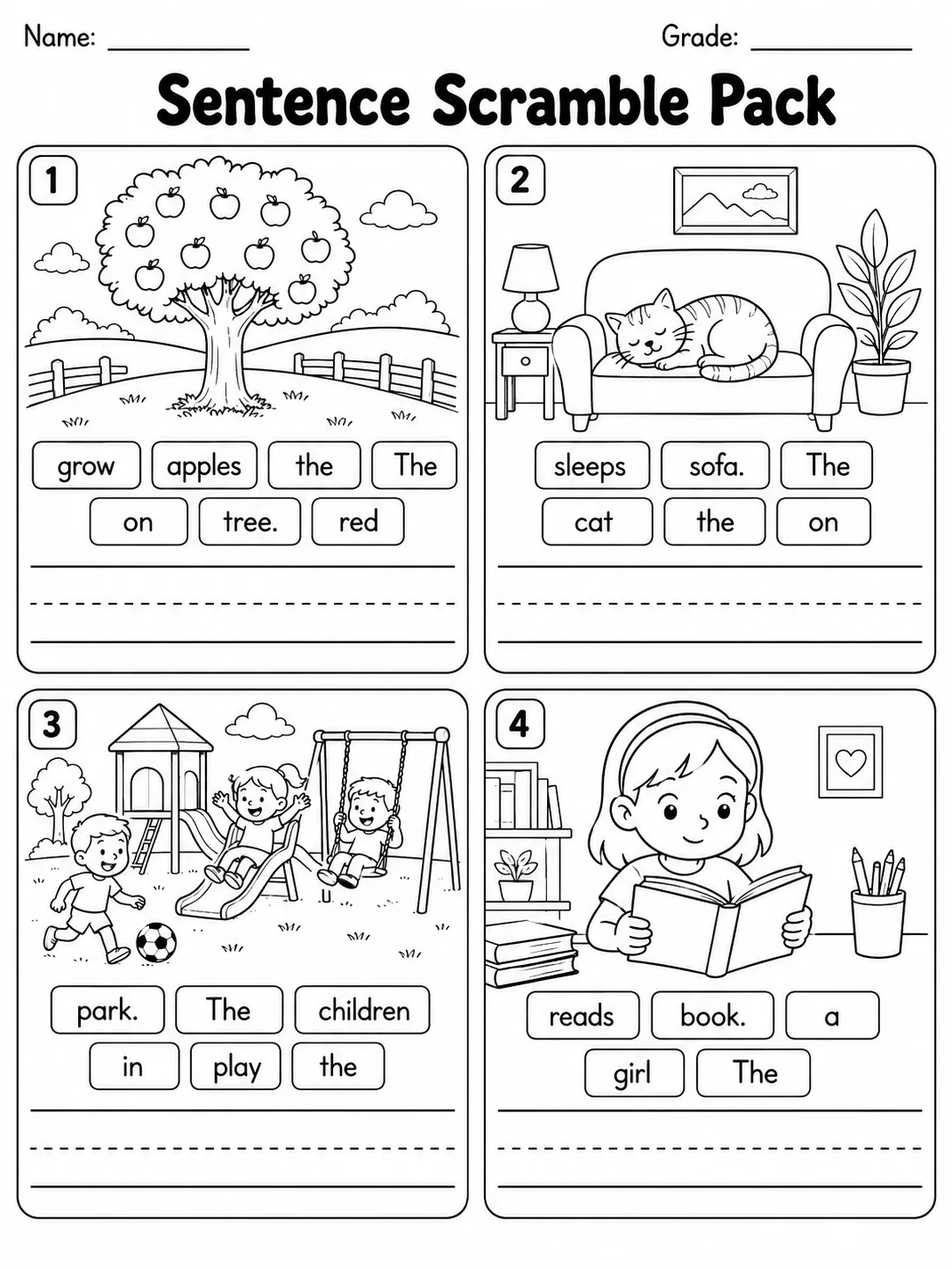 Sentence Scramble Pack medium phonics worksheet preview from KiwiBee