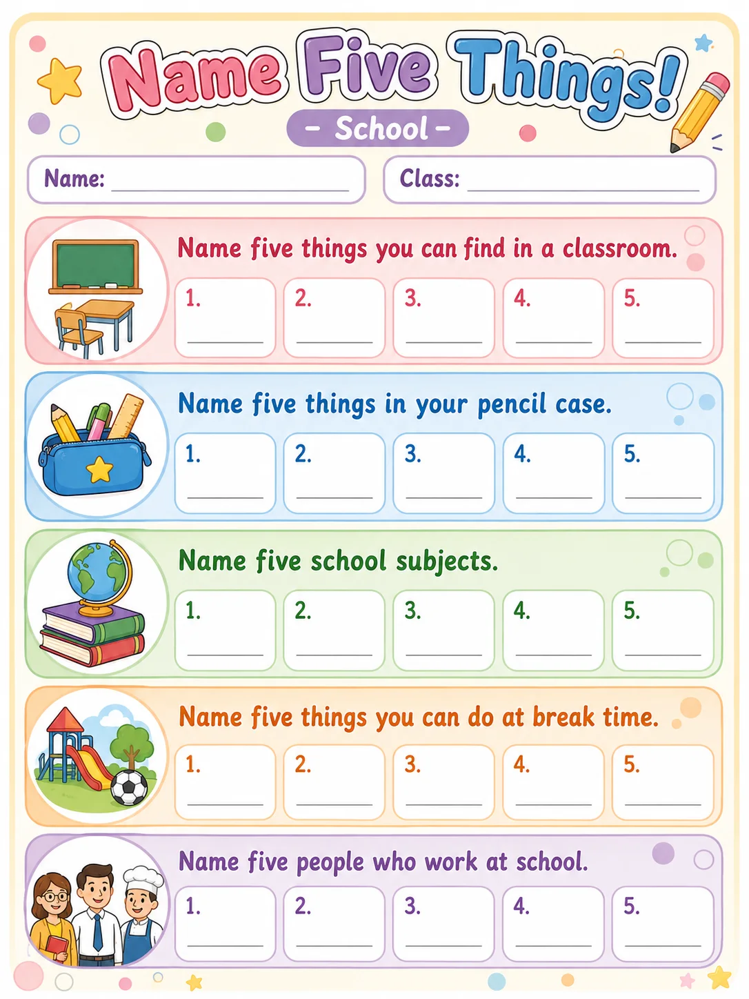 Name Five Things printable vocabulary template bundle preview from KiwiBee
