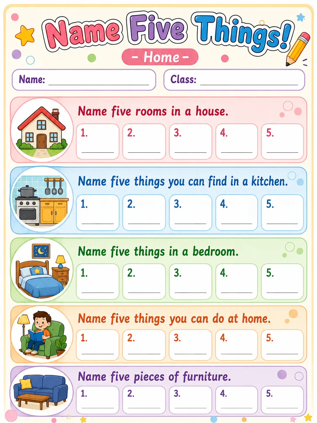 Name Five Things! page 2 printable template preview