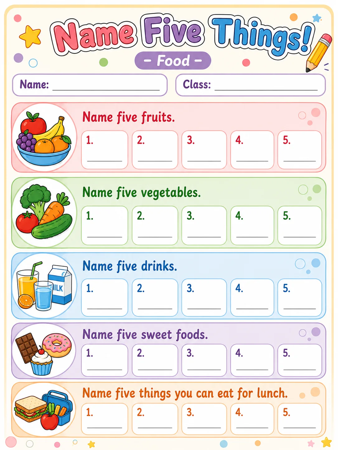 Name Five Things! page 3 printable template preview