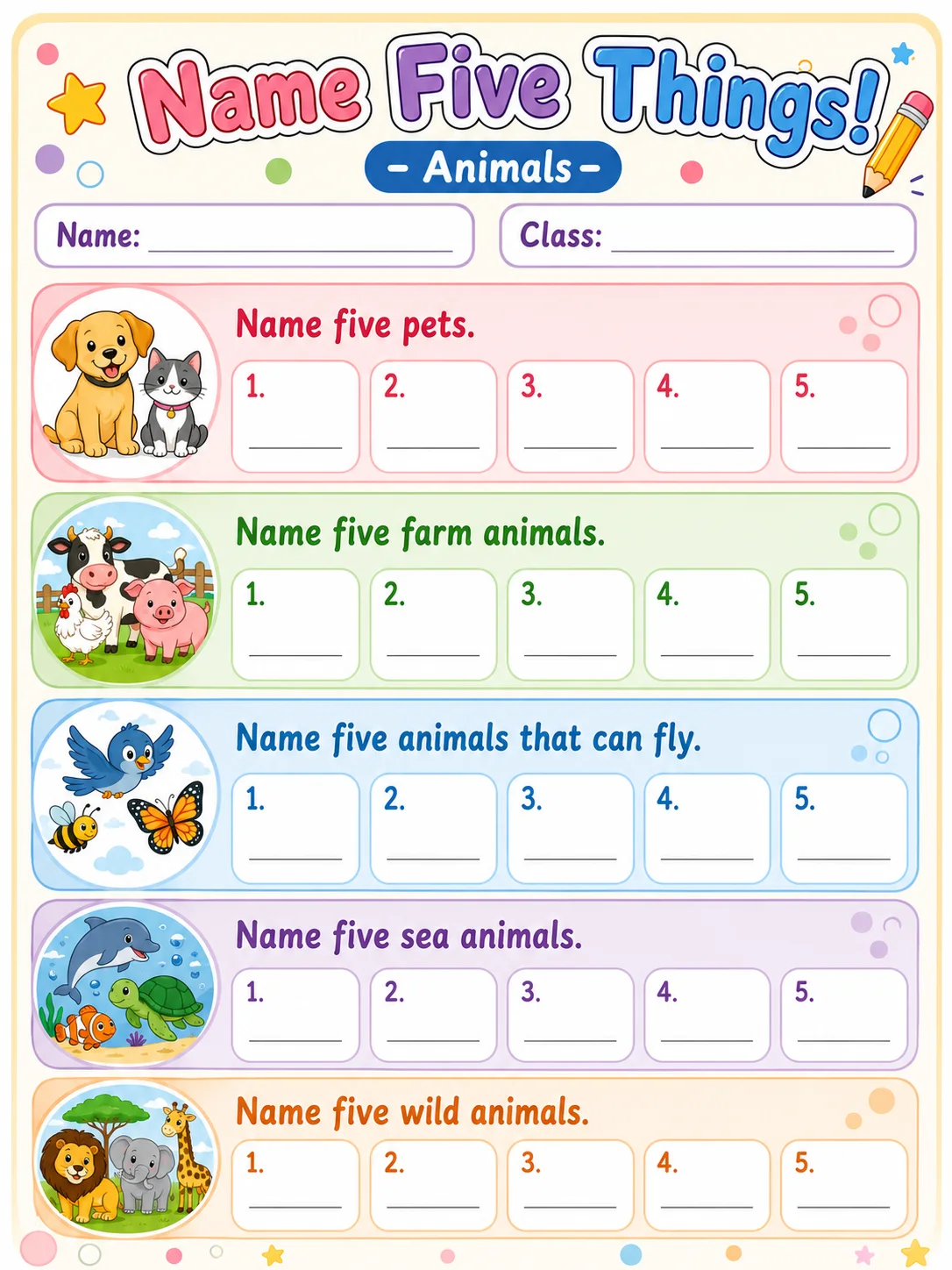 Name Five Things! page 4 printable template preview