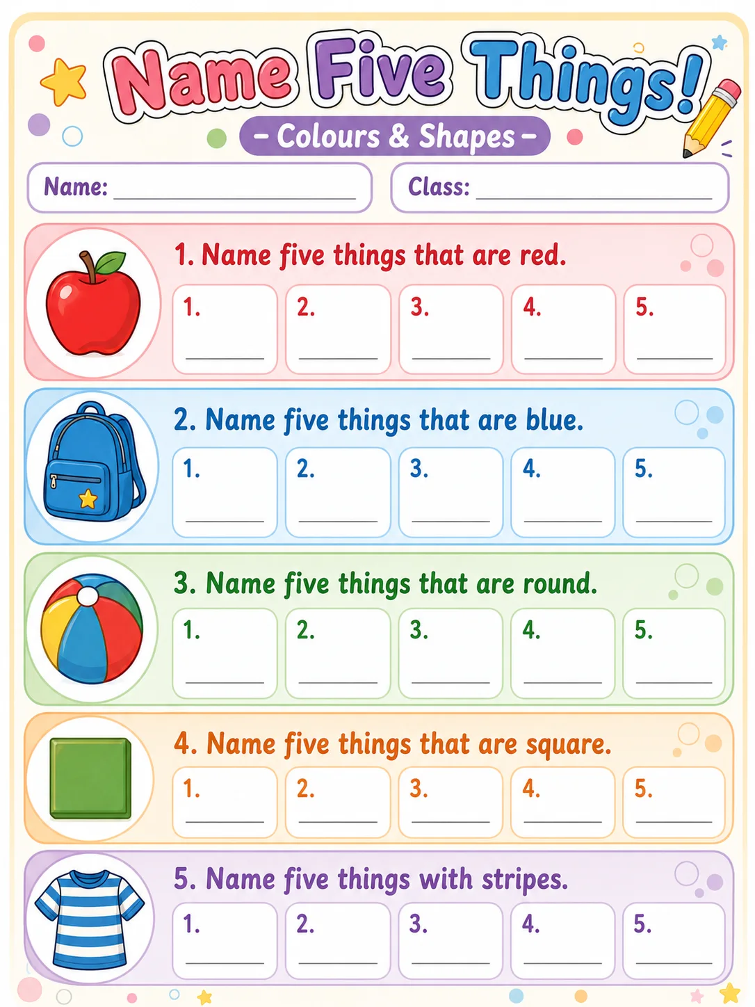 Name Five Things! page 5 printable template preview