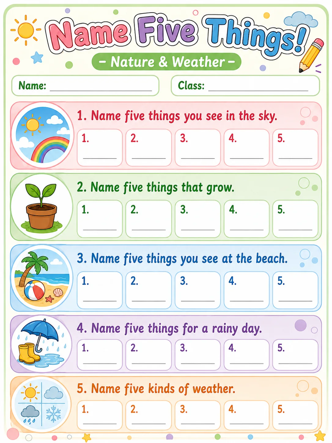 Name Five Things! page 6 printable template preview