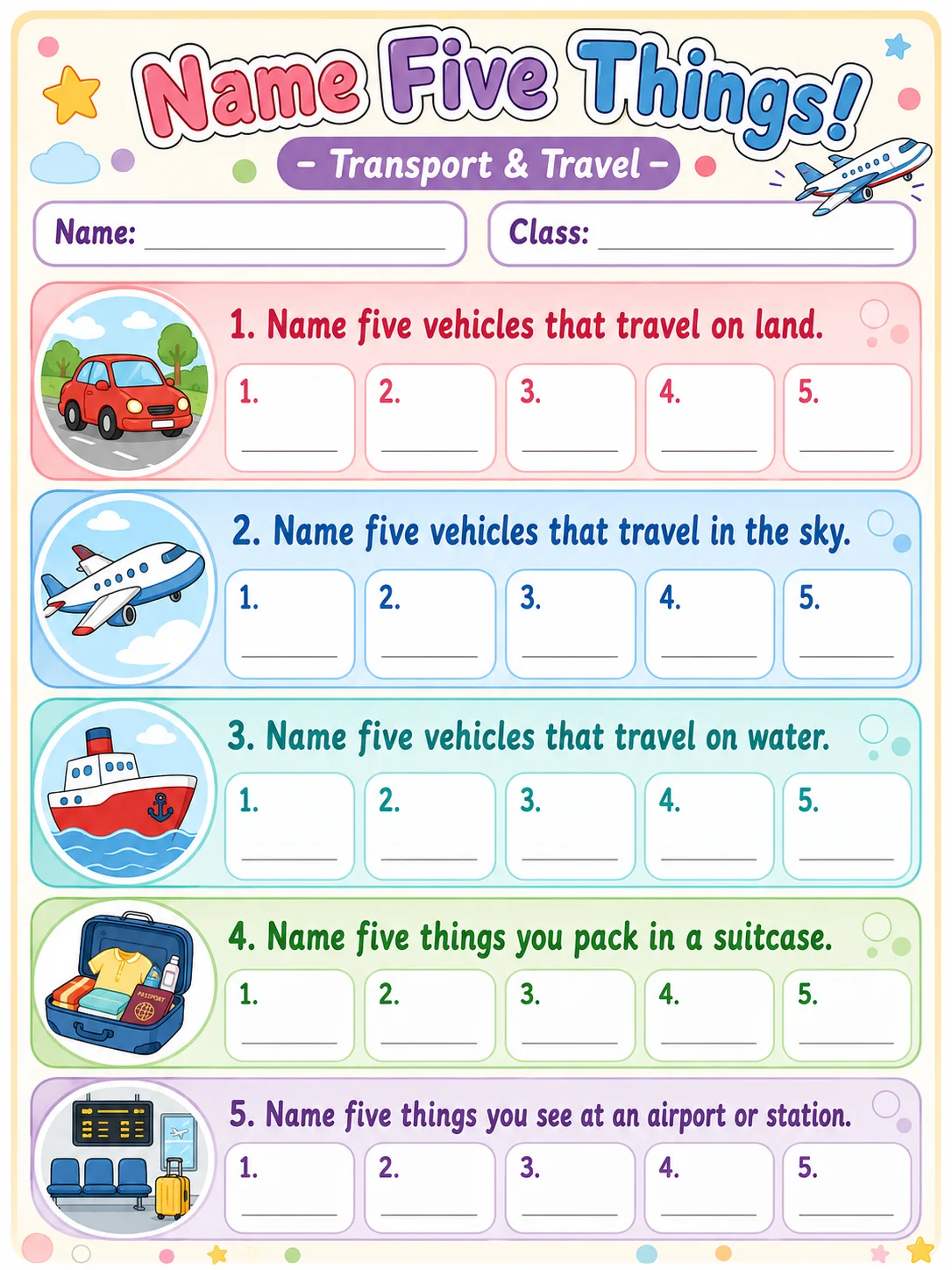 Name Five Things! page 7 printable template preview