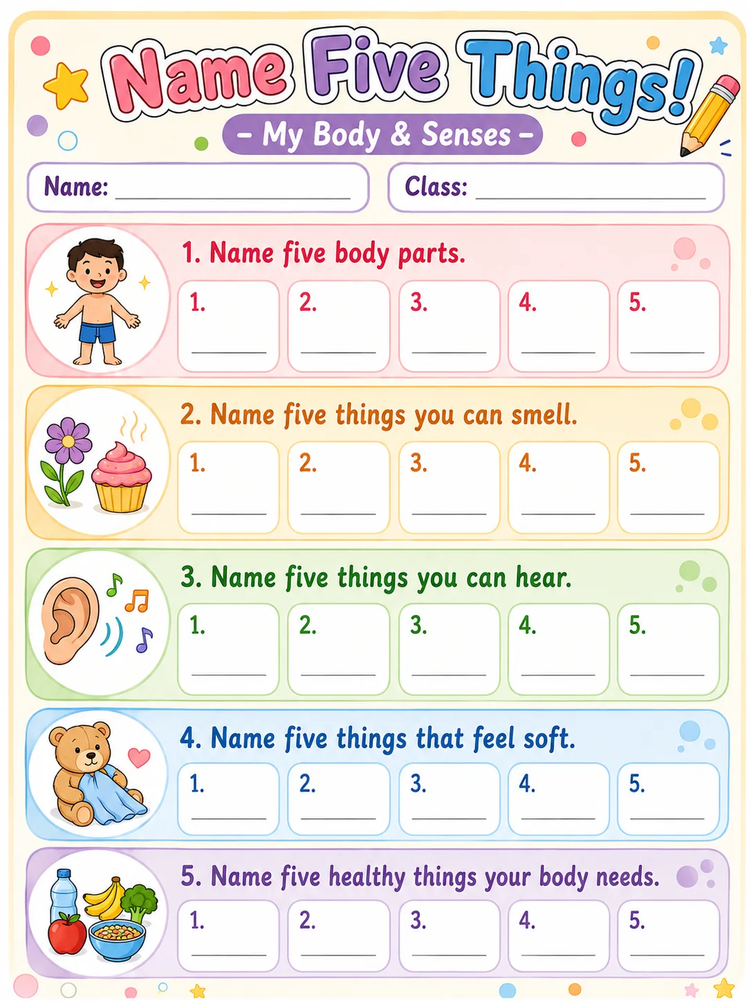 Name Five Things! page 8 printable template preview