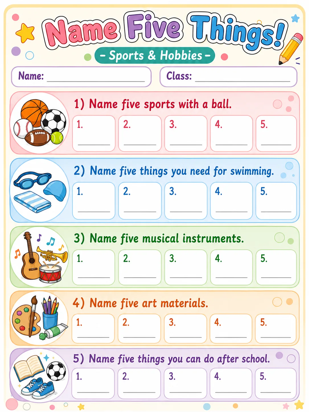 Name Five Things! page 9 printable template preview