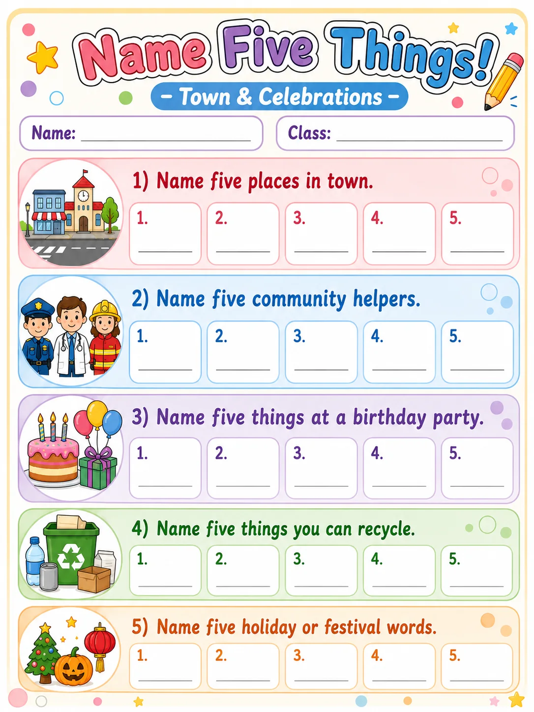 Name Five Things! page 10 printable template preview