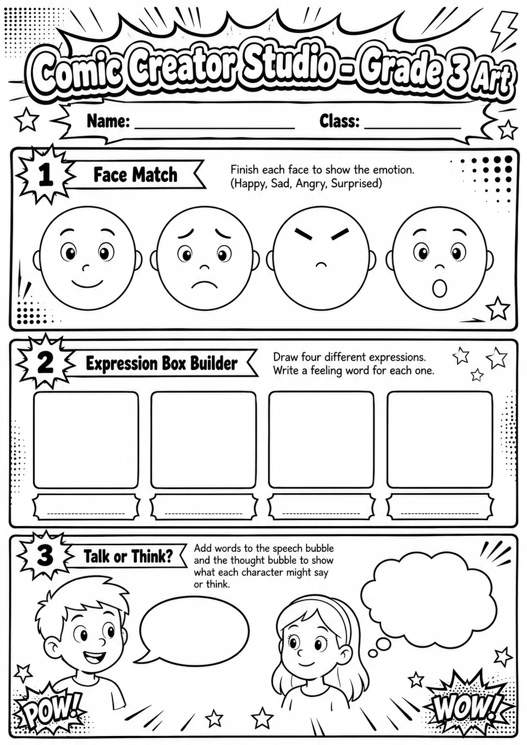 Comic Creator Studio: Character Expressions Worksheet Pack printable Art worksheet preview from KiwiBee