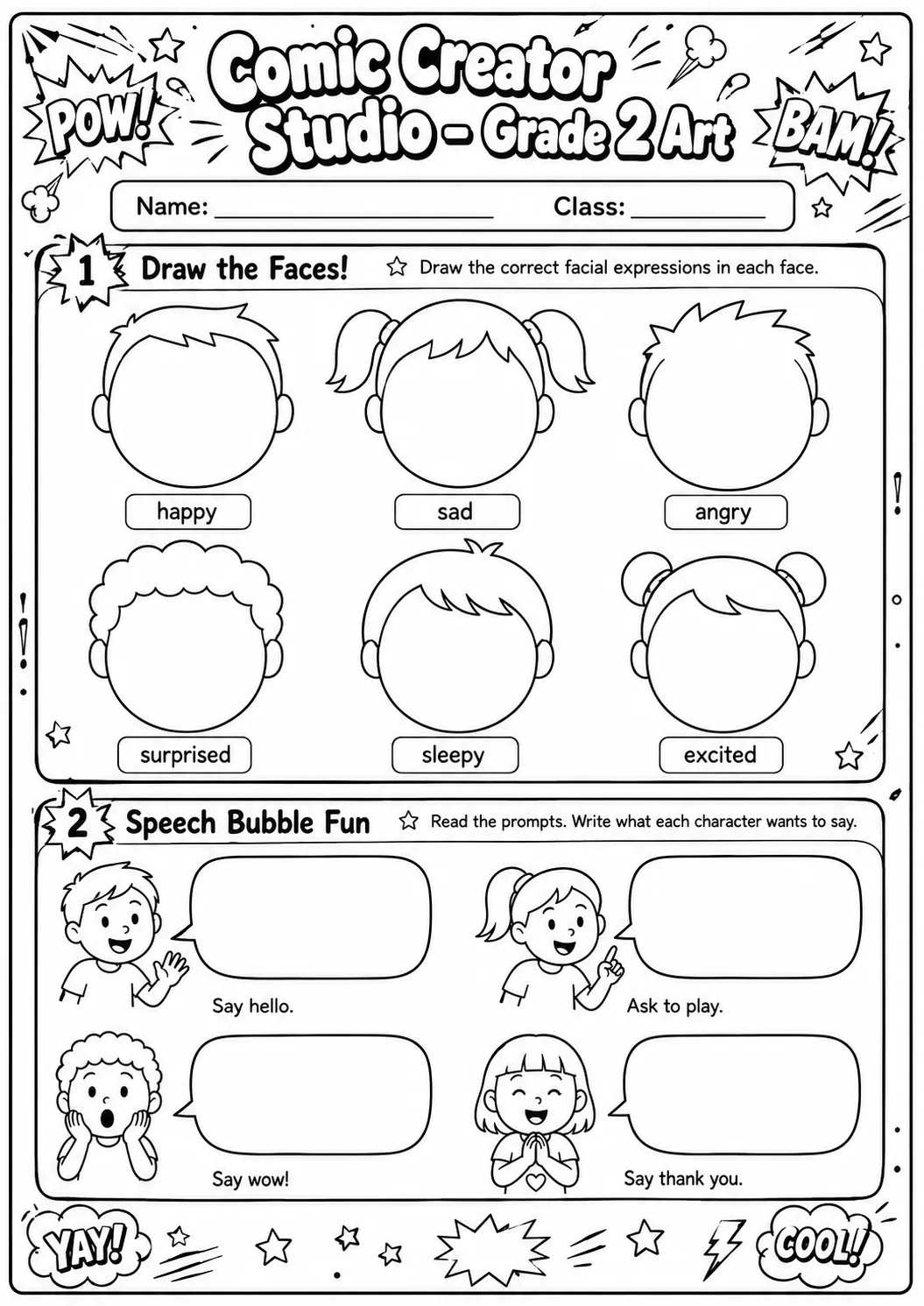 Comic Creator Studio: Speech Bubbles and Faces Worksheet Pack printable Art worksheet preview from KiwiBee