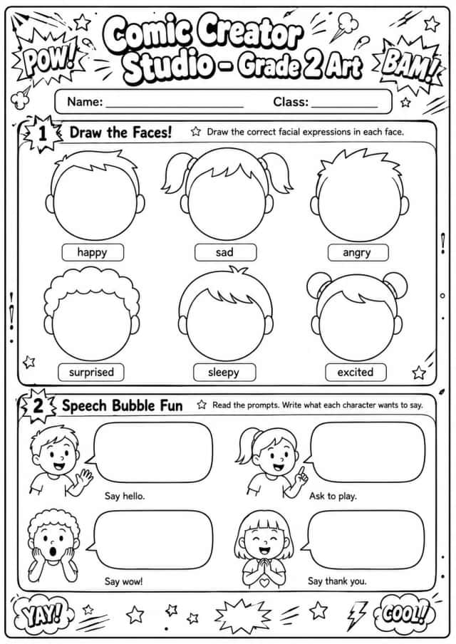 Comic Creator Studio: Speech Bubbles and Faces Worksheet Pack