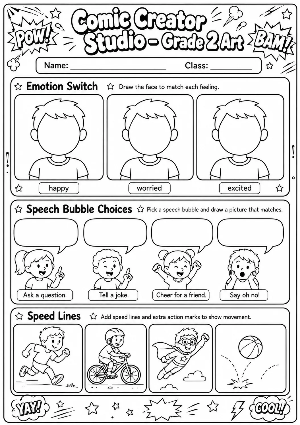 Comic Creator Studio: Speech Bubbles and Faces Worksheet Pack page 4 preview
